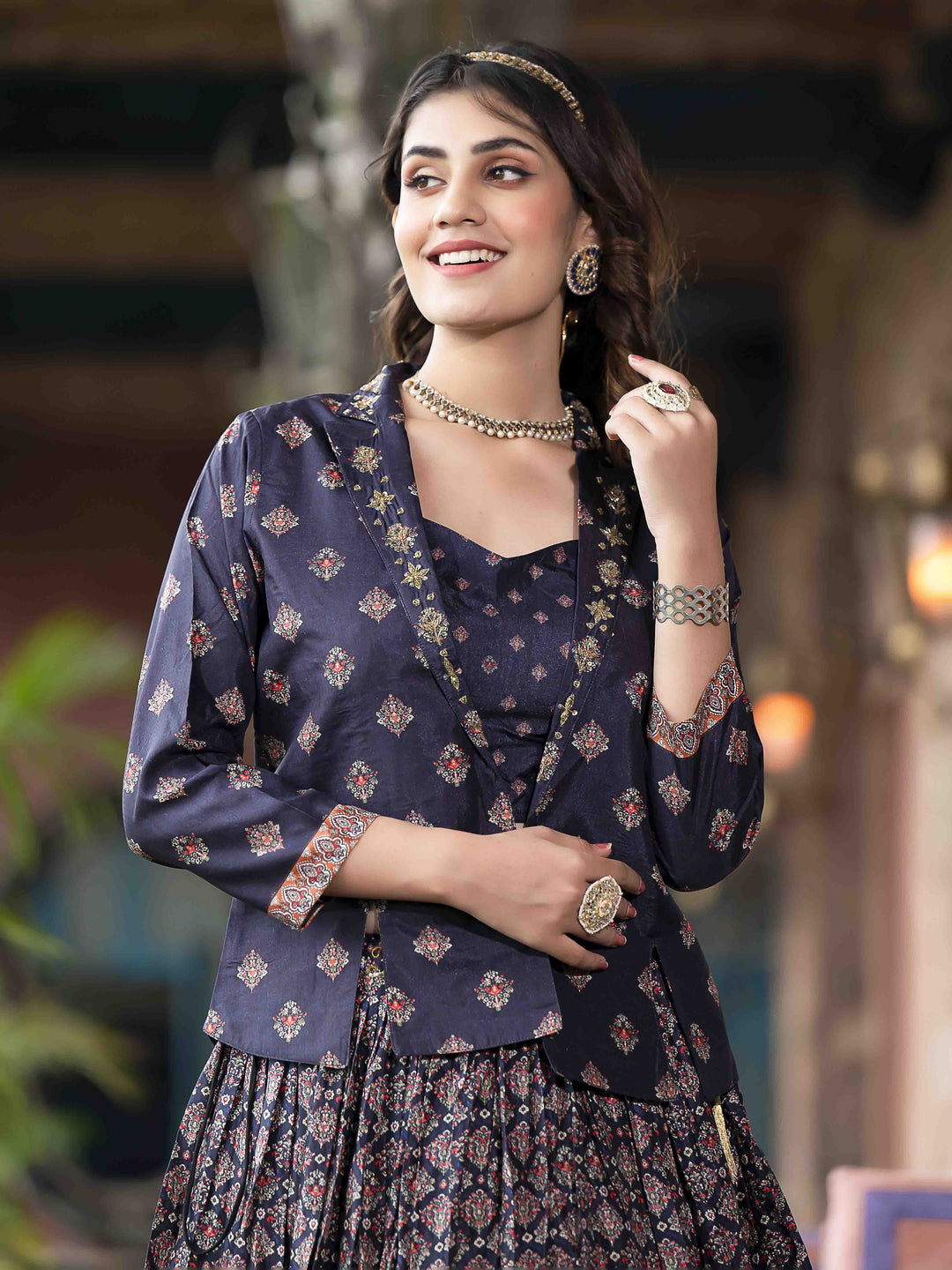 Digital Printed Art Silk Choli With Lehenga &amp; Jacket