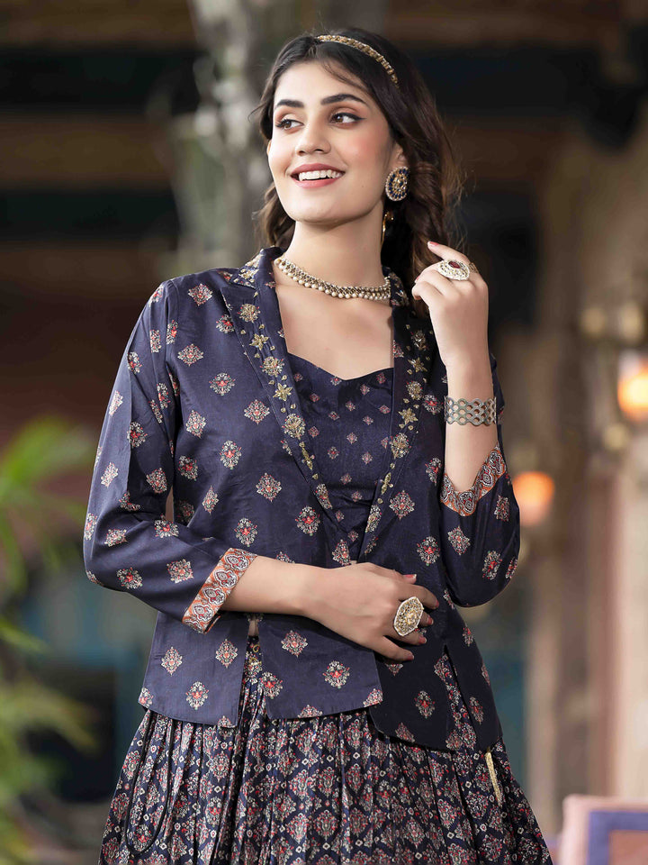 Digital Printed Art Silk Choli With Lehenga &amp; Jacket