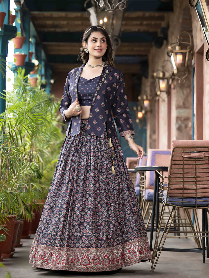 Digital Printed Art Silk Choli With Lehenga &amp; Jacket