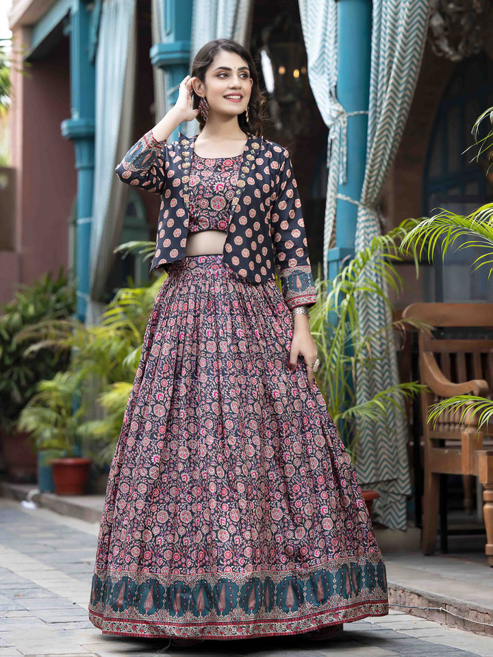 Digital Printed Art Silk Choli With Lehenga &amp; Jacket