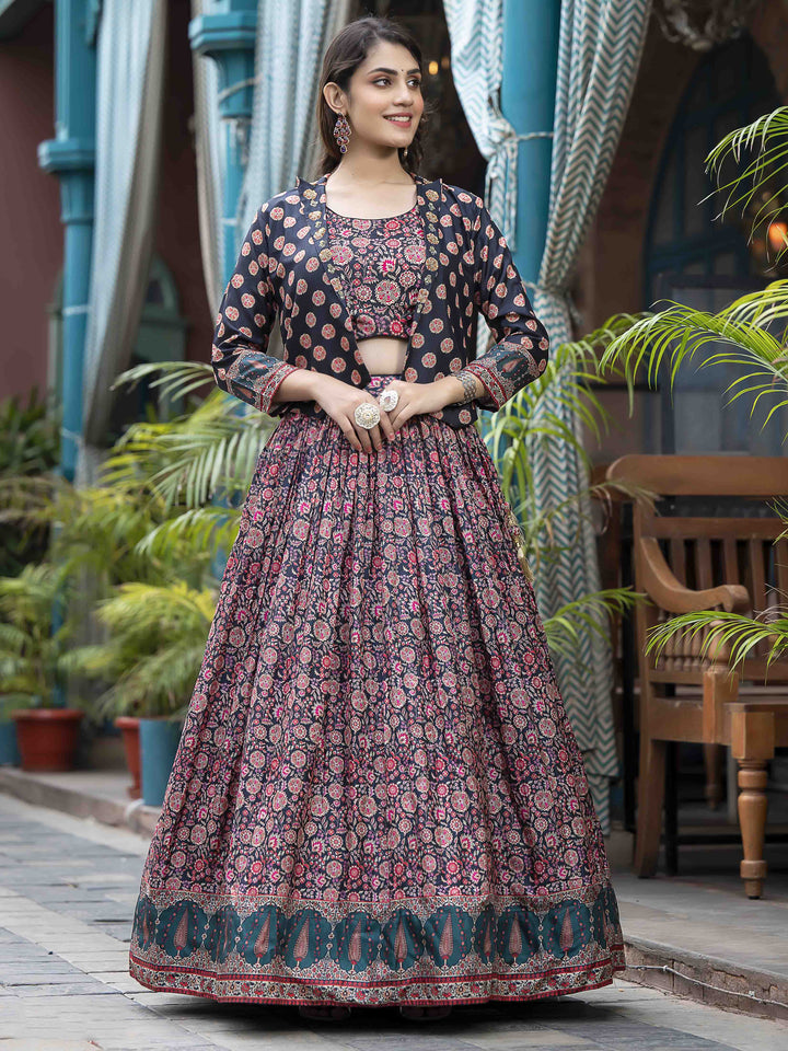 Digital Printed Art Silk Choli With Lehenga &amp; Jacket