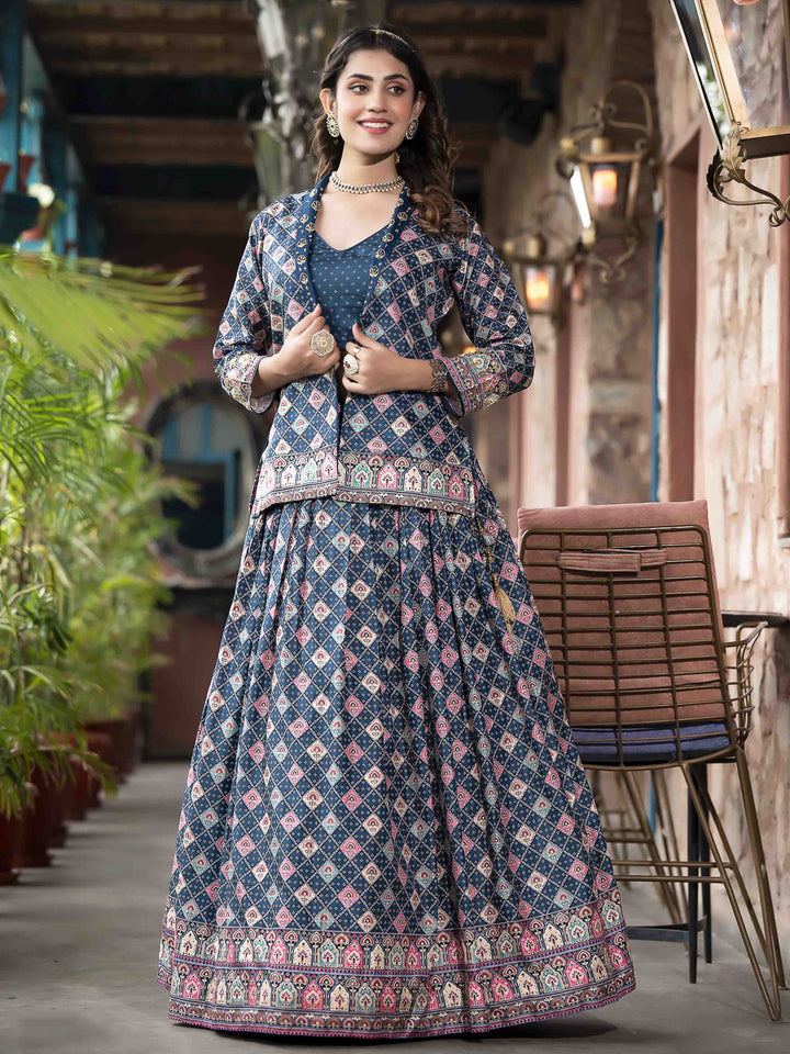 Digital Printed Art Silk Choli With Lehenga &amp; Jacket