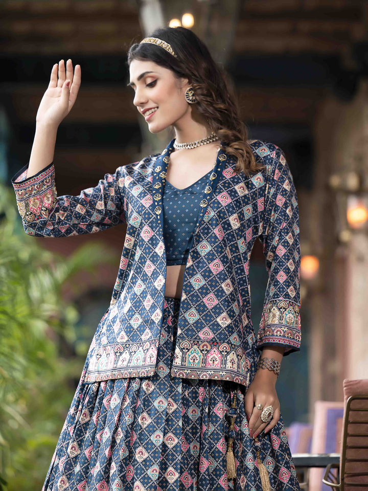 Digital Printed Art Silk Choli With Lehenga &amp; Jacket