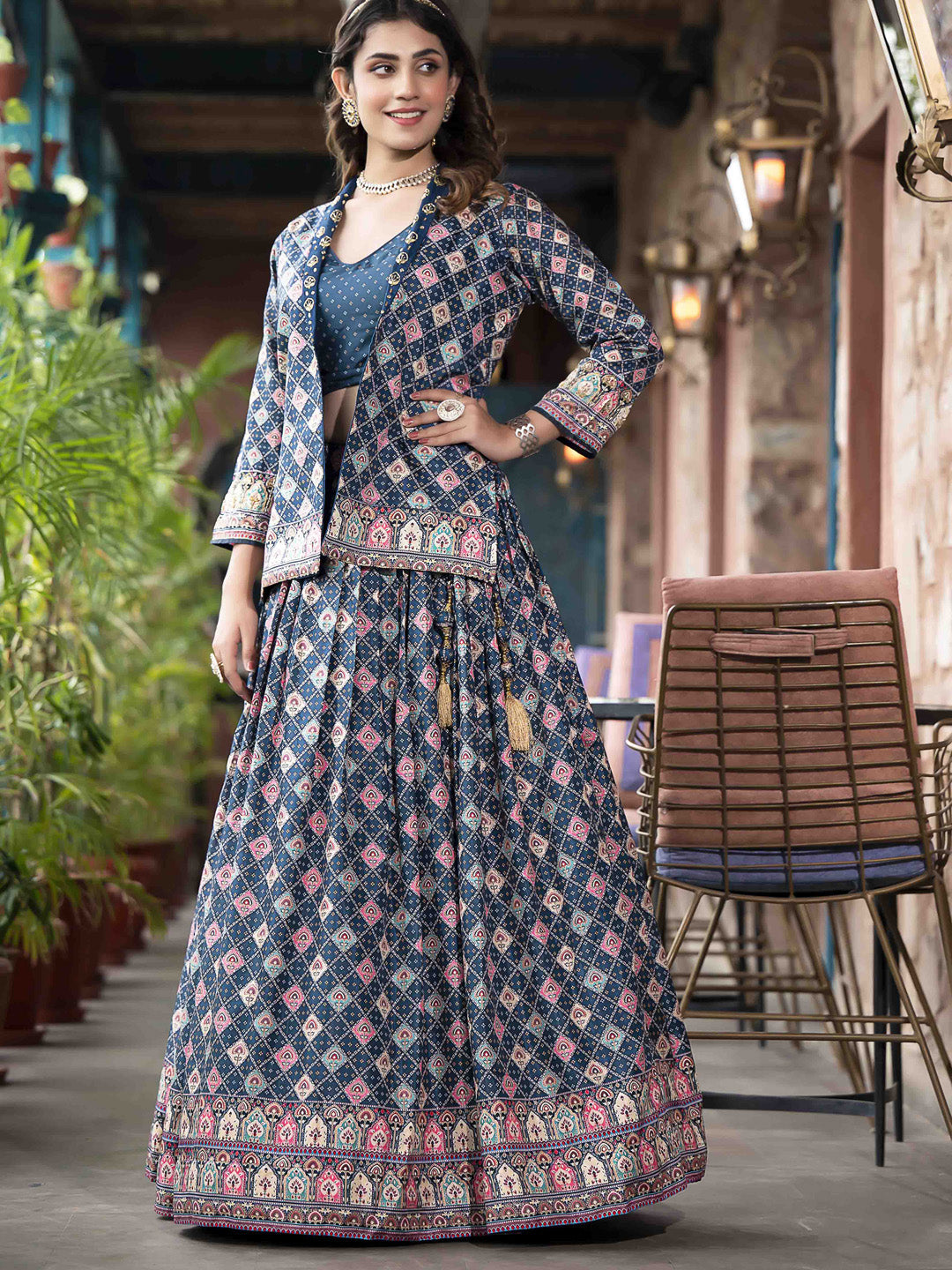 Digital Printed Art Silk Choli With Lehenga &amp; Jacket