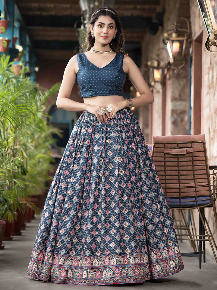 Digital Printed Art Silk Choli With Lehenga &amp; Jacket