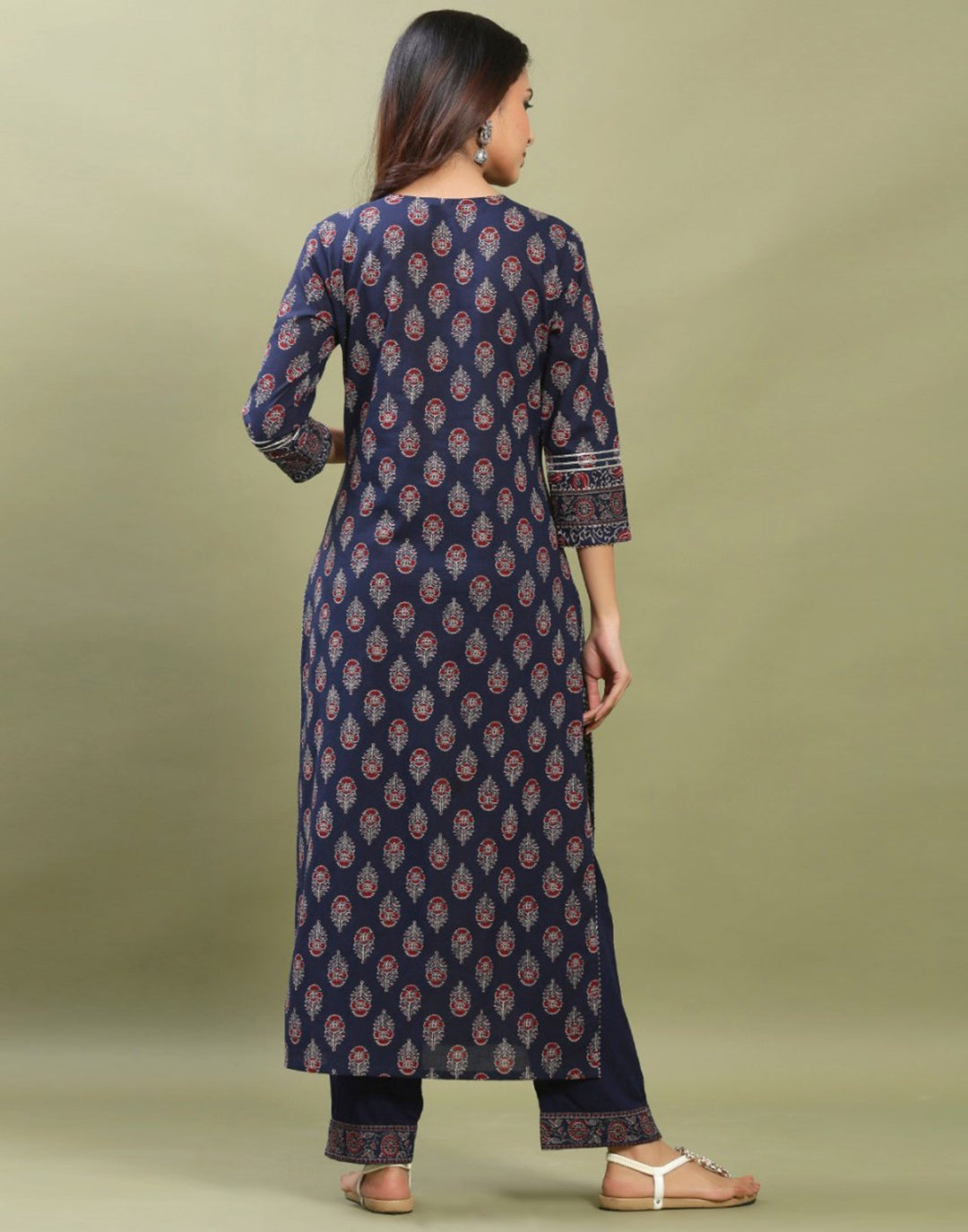 Navy Blue Cotton Printed Kurti Pant Set