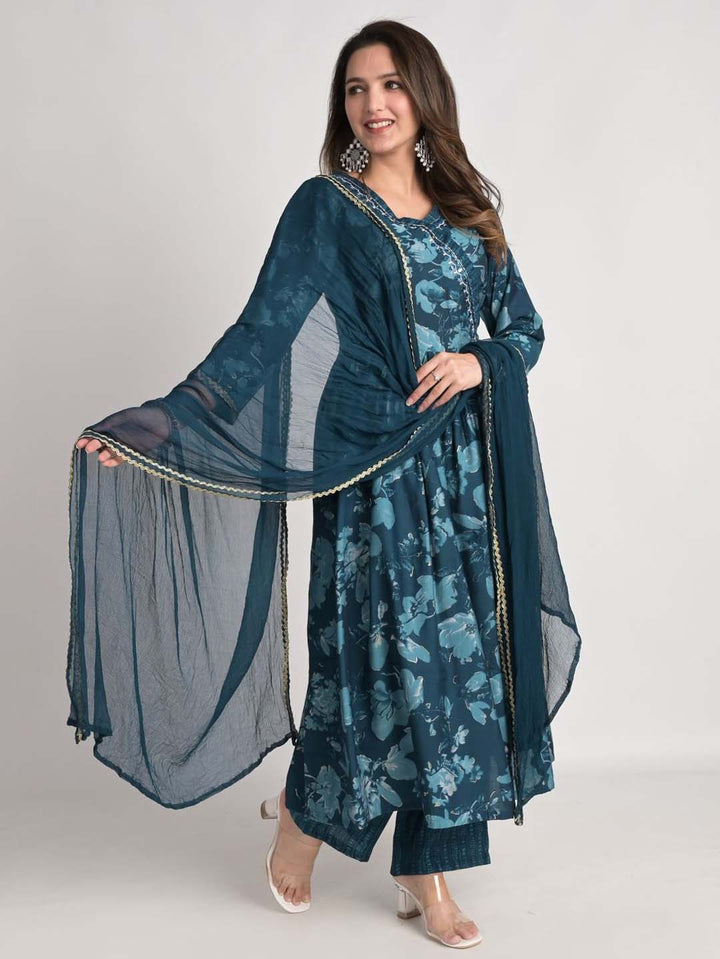 Printed Cotton Kurta With Pants &amp; Dupatta