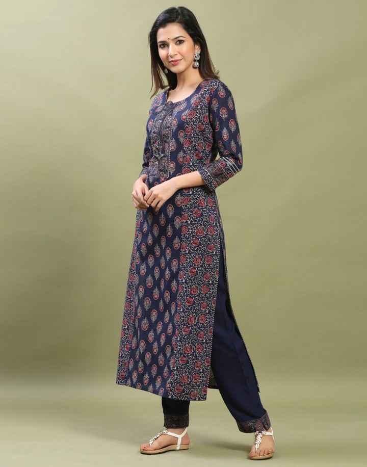 Navy Blue Cotton Printed Kurti Pant Set