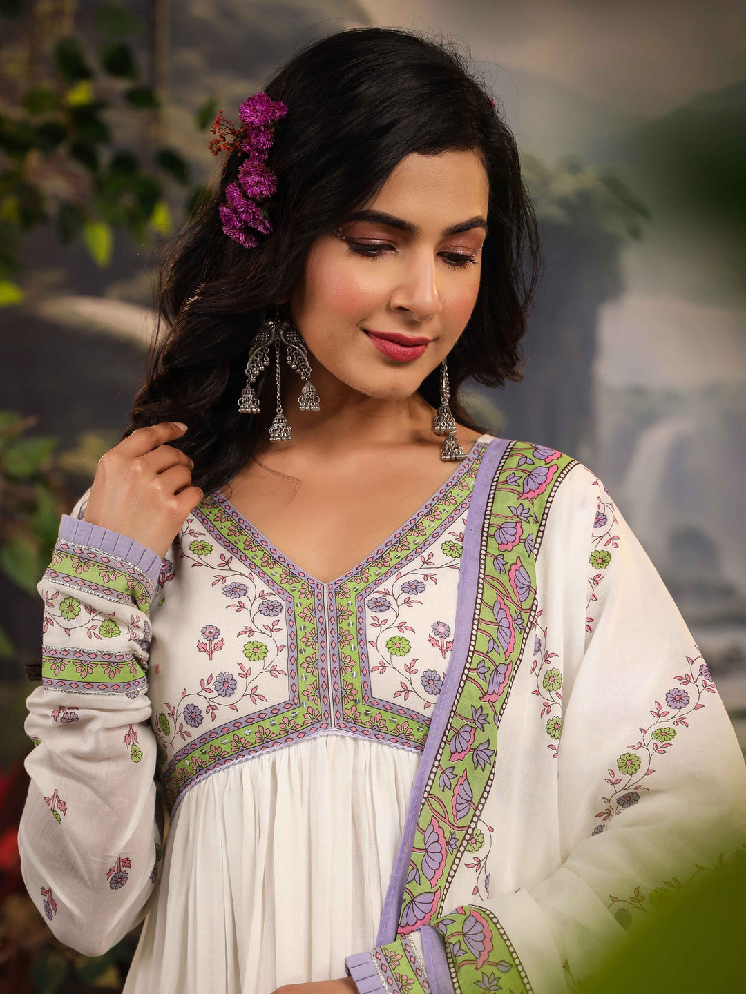 Floral Printed Cotton Kurta With Pants &amp; Dupatta