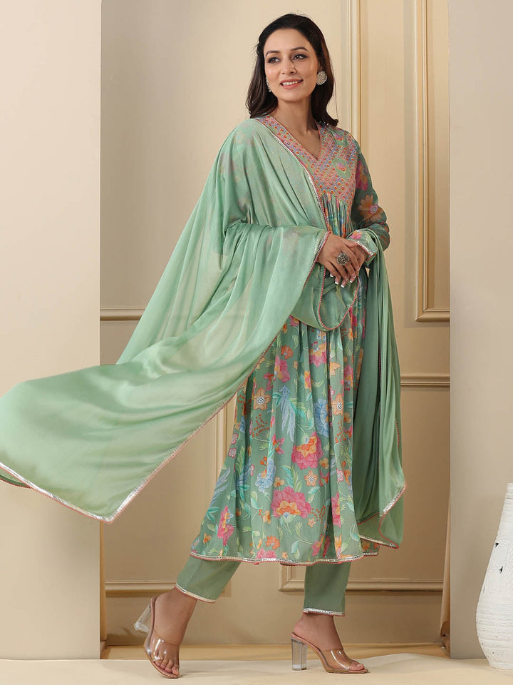 Printed Cotton Kurta With Pants &amp; Dupatta