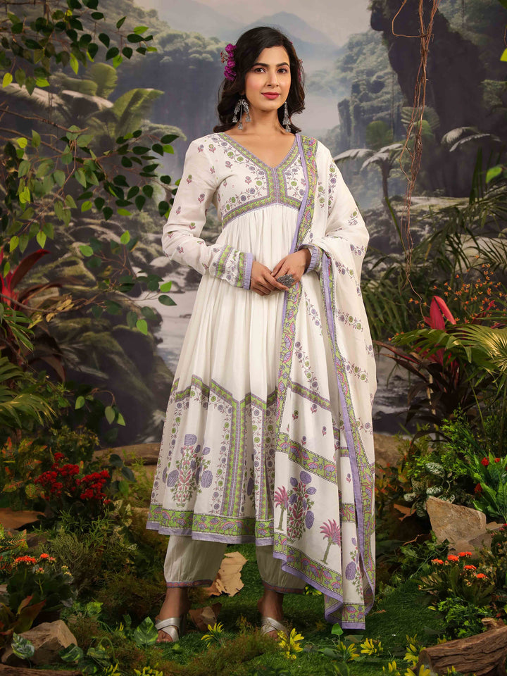 Floral Printed Cotton Kurta With Pants &amp; Dupatta