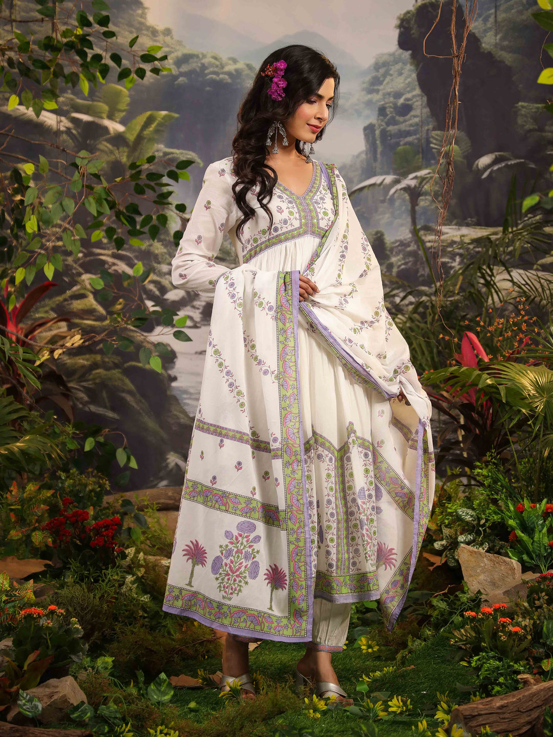Floral Printed Cotton Kurta With Pants &amp; Dupatta