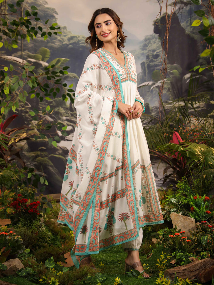 Floral Printed Cotton Kurta With Pants &amp; Dupatta