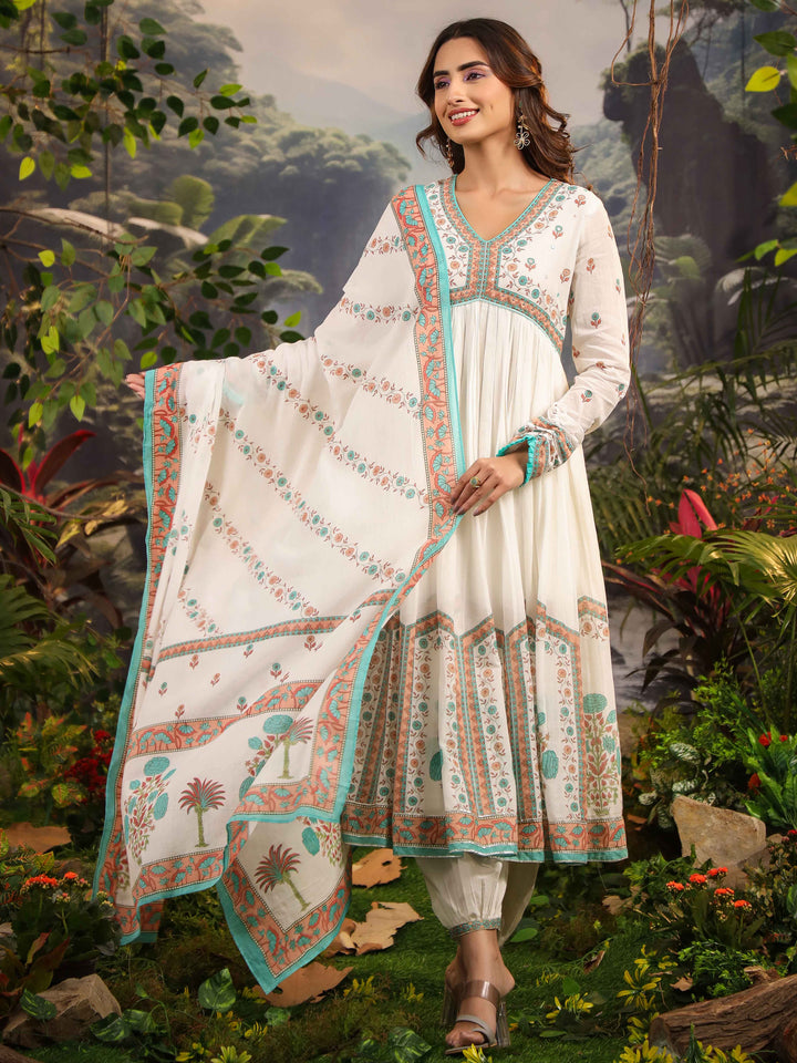 Floral Printed Cotton Kurta With Pants &amp; Dupatta