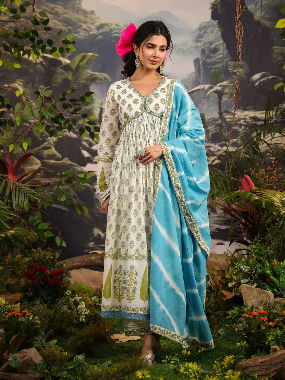 Floral Printed Cotton Kurta With Palazzo &amp; Dupatta