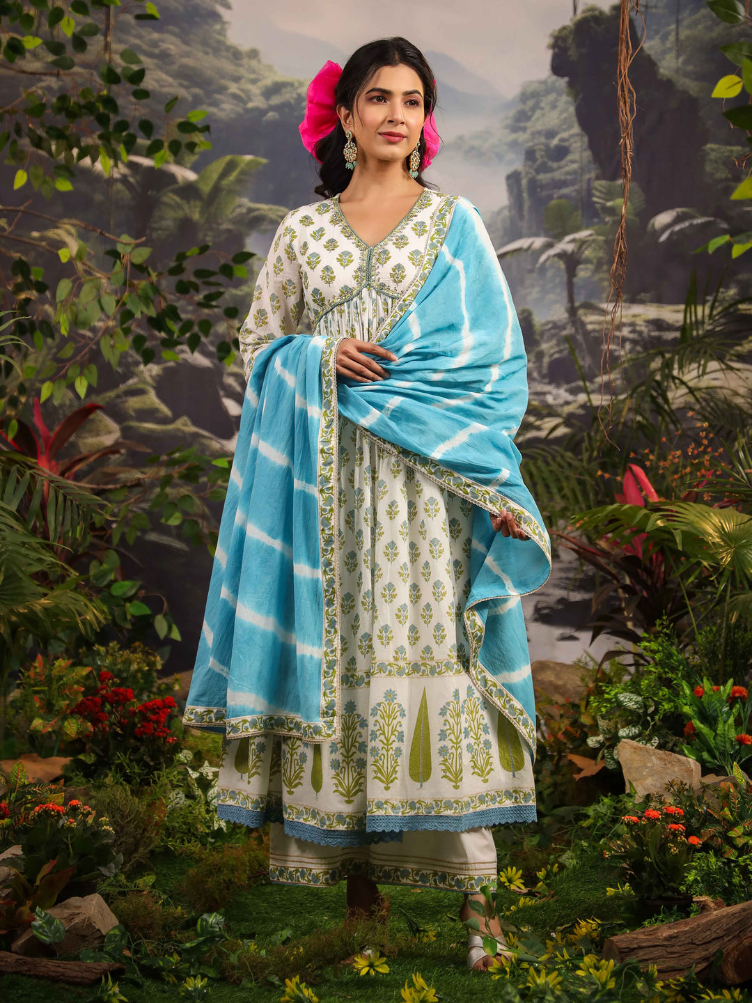 Floral Printed Cotton Kurta With Palazzo &amp; Dupatta