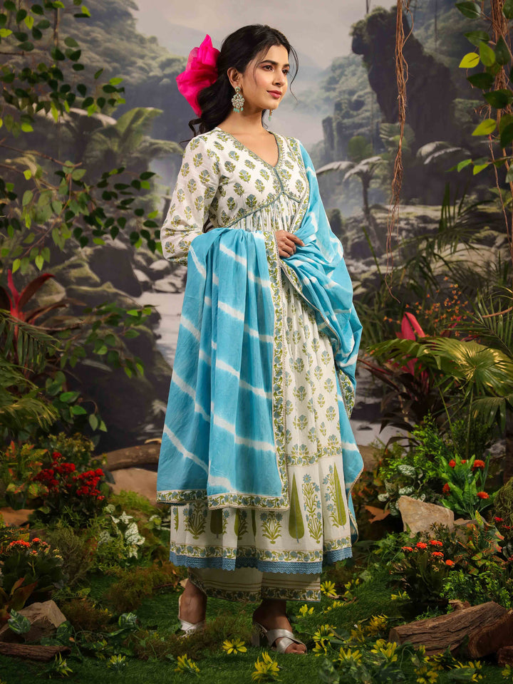 Floral Printed Cotton Kurta With Palazzo &amp; Dupatta
