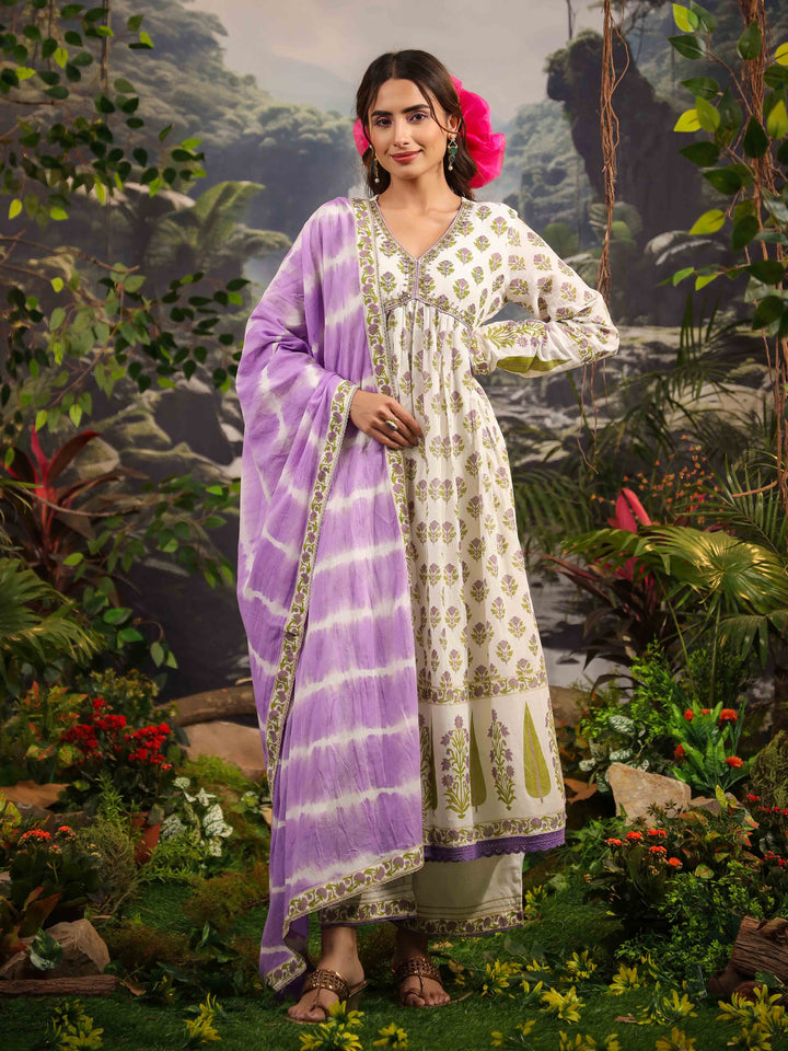 Floral Printed Cotton Kurta With Palazzo &amp; Dupatta