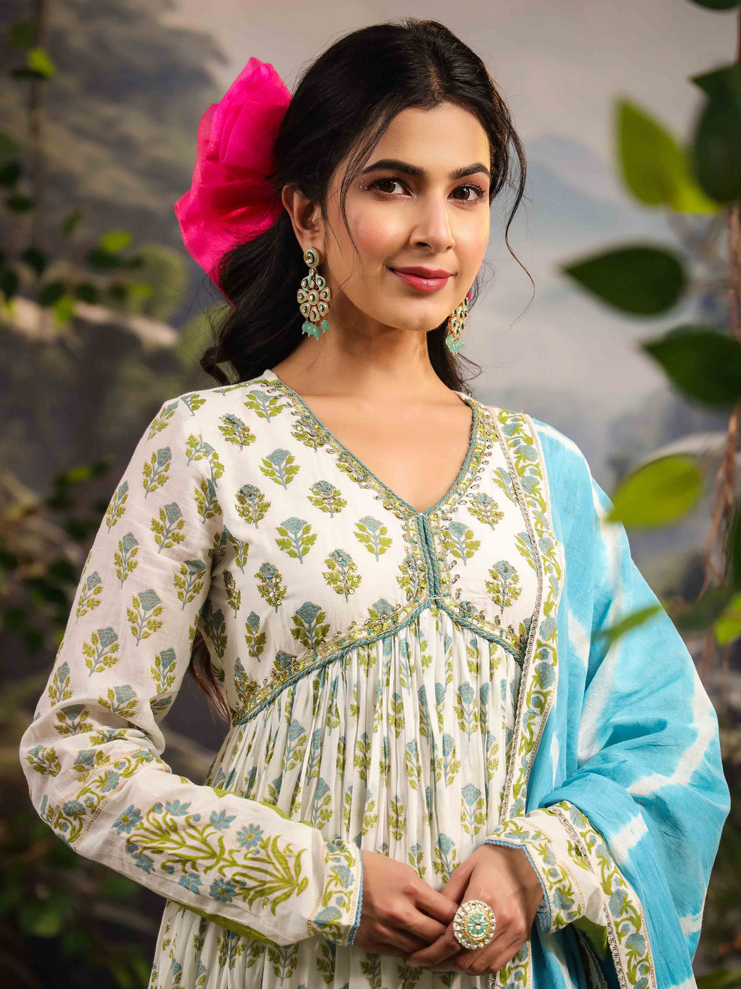 Floral Printed Cotton Kurta With Palazzo &amp; Dupatta