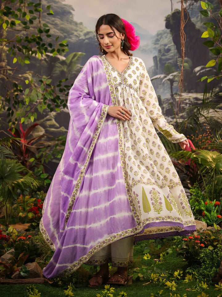 Floral Printed Cotton Kurta With Palazzo &amp; Dupatta