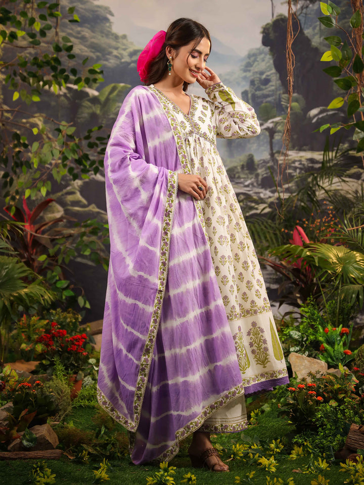 Floral Printed Cotton Kurta With Palazzo &amp; Dupatta