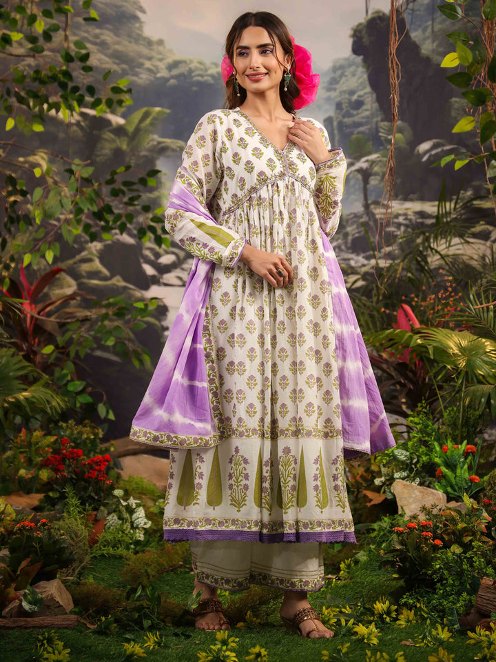 Floral Printed Cotton Kurta With Palazzo &amp; Dupatta