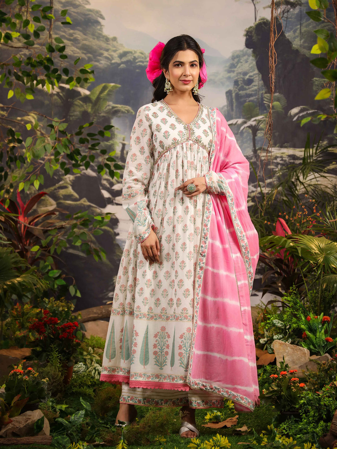 Floral Printed Cotton Kurta With Palazzo &amp; Dupatta