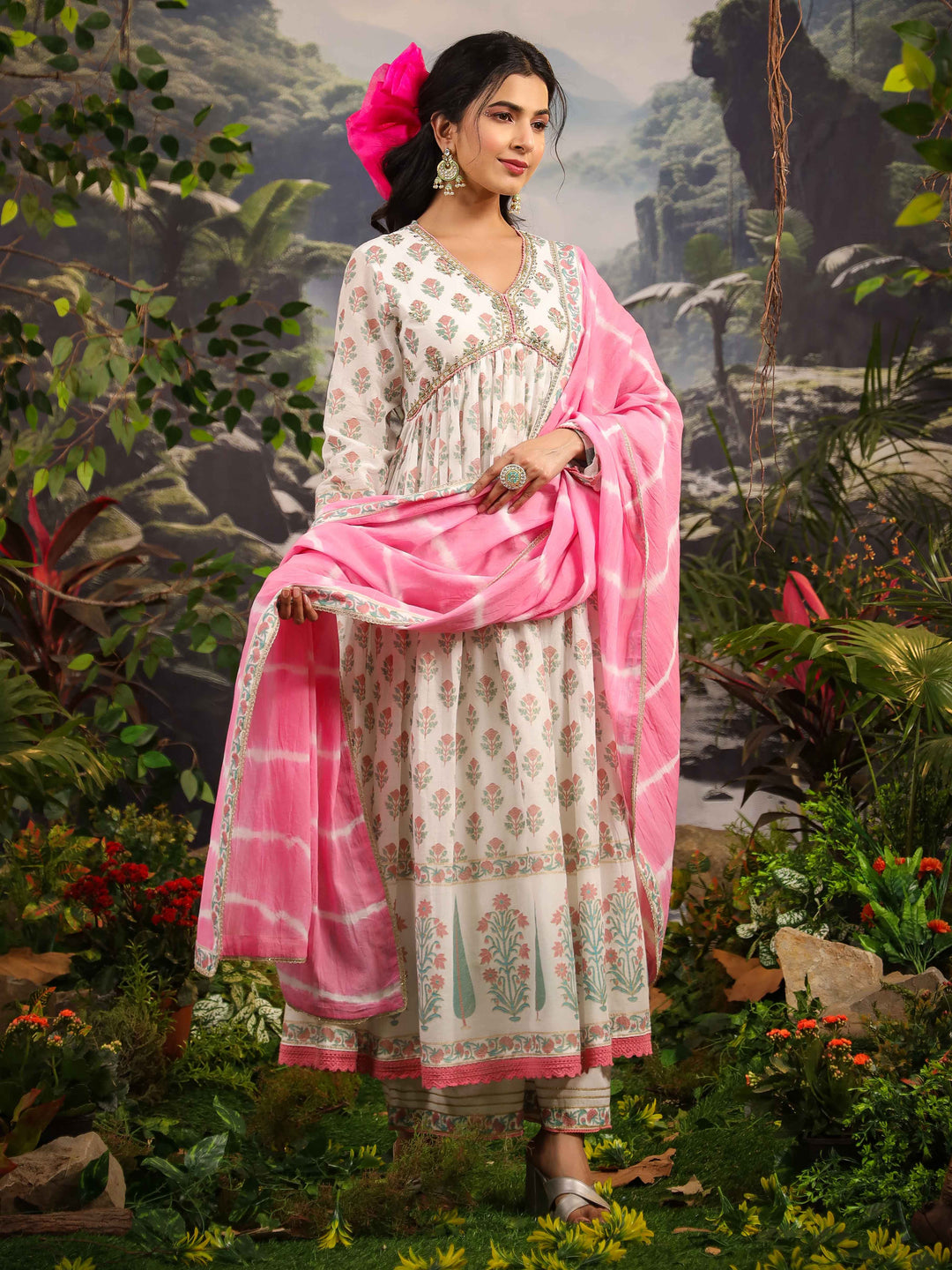 Floral Printed Cotton Kurta With Palazzo &amp; Dupatta