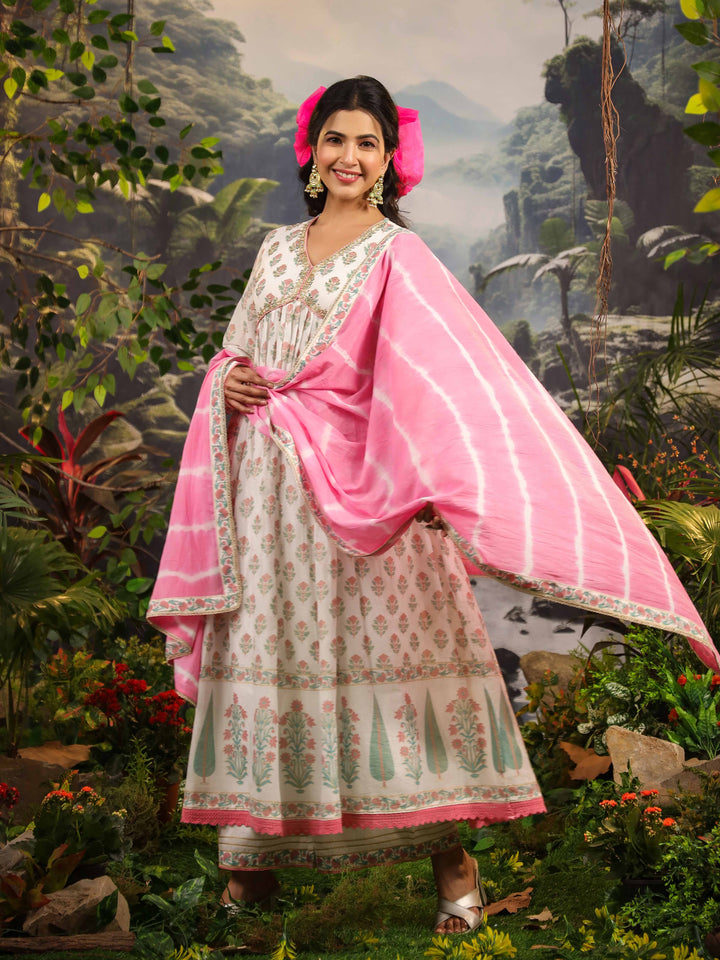 Floral Printed Cotton Kurta With Palazzo &amp; Dupatta