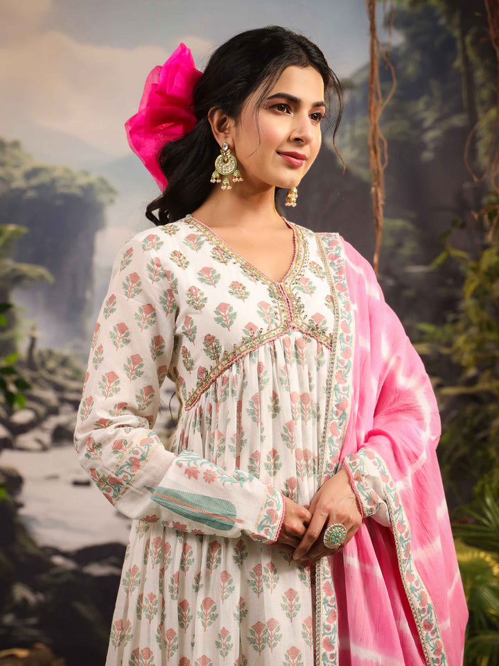 Floral Printed Cotton Kurta With Palazzo &amp; Dupatta