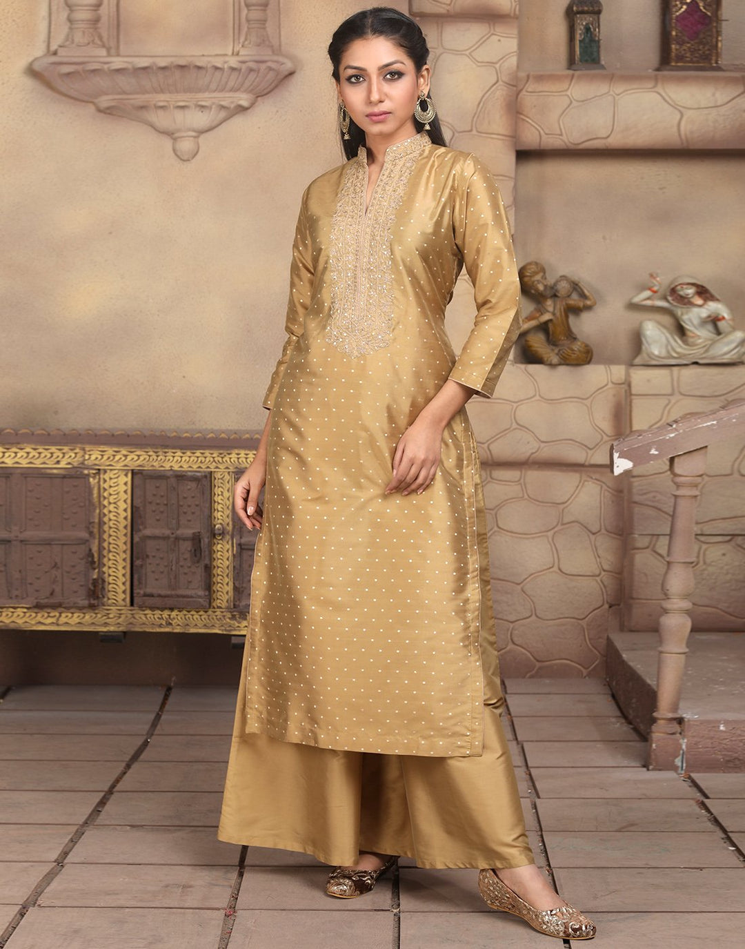 MBZ Meena Bazaar-Straight Chanderi Kurta with Plazzo Pants