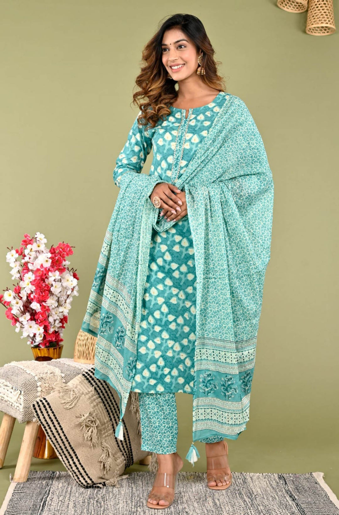 Floral Printed Cotton Kurta With Pants &amp; Dupatta