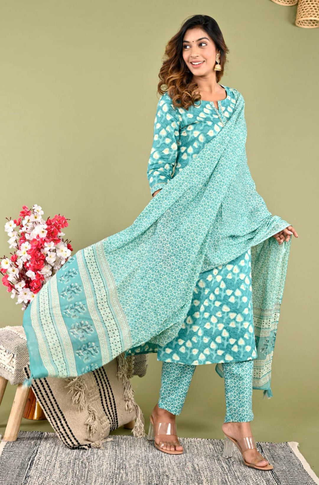 Floral Printed Cotton Kurta With Pants &amp; Dupatta
