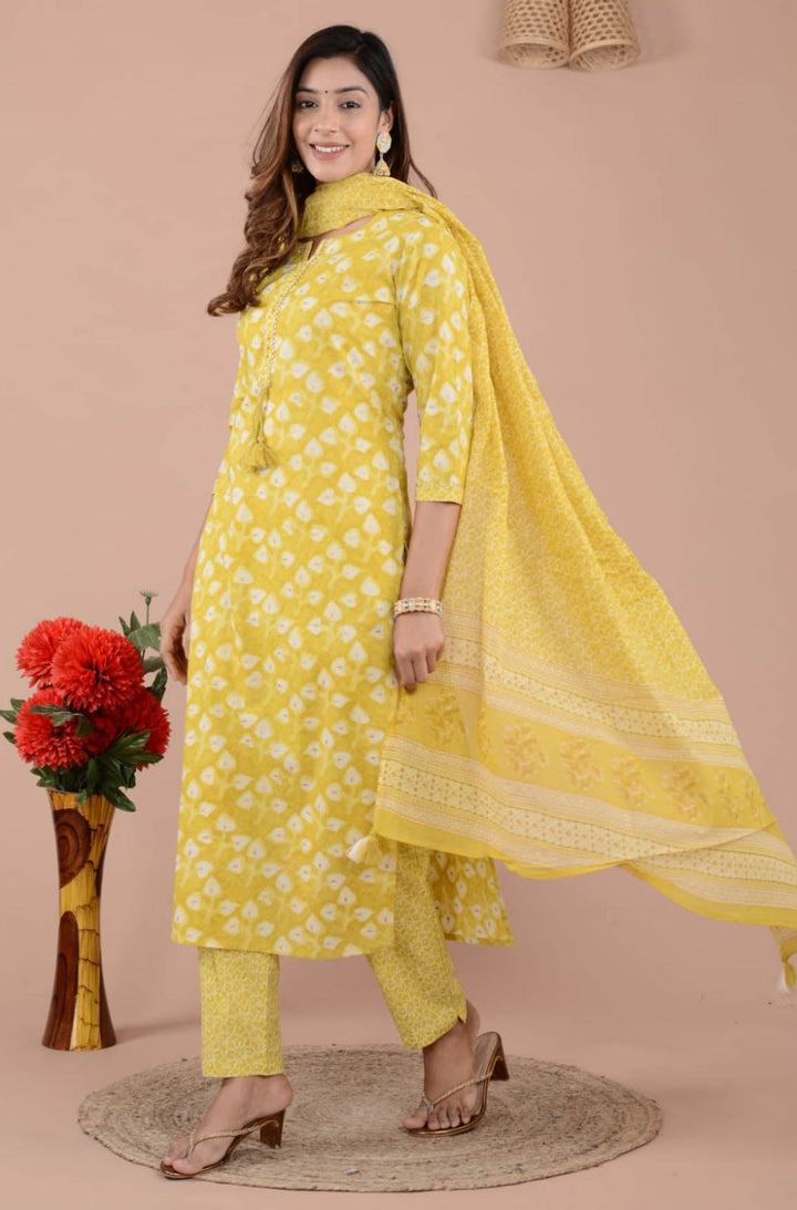 Floral Printed Cotton Kurta With Pants &amp; Dupatta